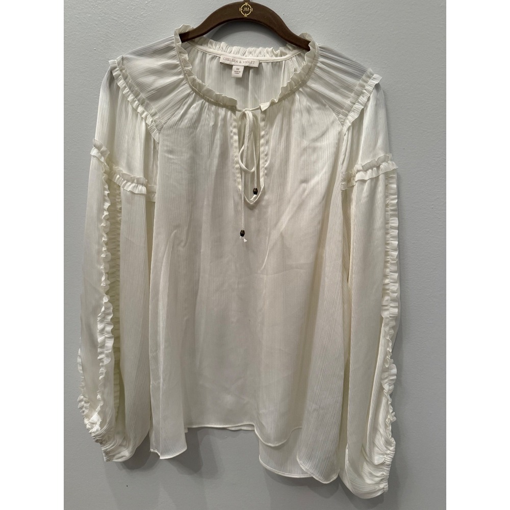 CHELSEA & VIOLET Ivory Ruffle Neck Tie whimsical Boho Blouse Women's Size M